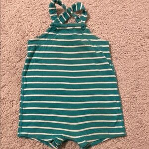 Hanna Andersson Turquoise and White Striped Romper. 6-12 months.